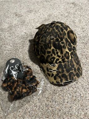 CC Boutique Leopard Print Baseball Cap with Matching Scrunchie - Brown/Black